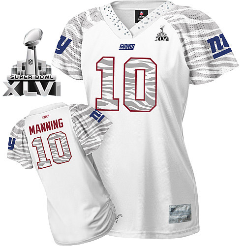 Giants #10 Eli Manning White Women's Zebra Field Flirt Super Bowl XLVI Stitched NFL Jersey - Click Image to Close